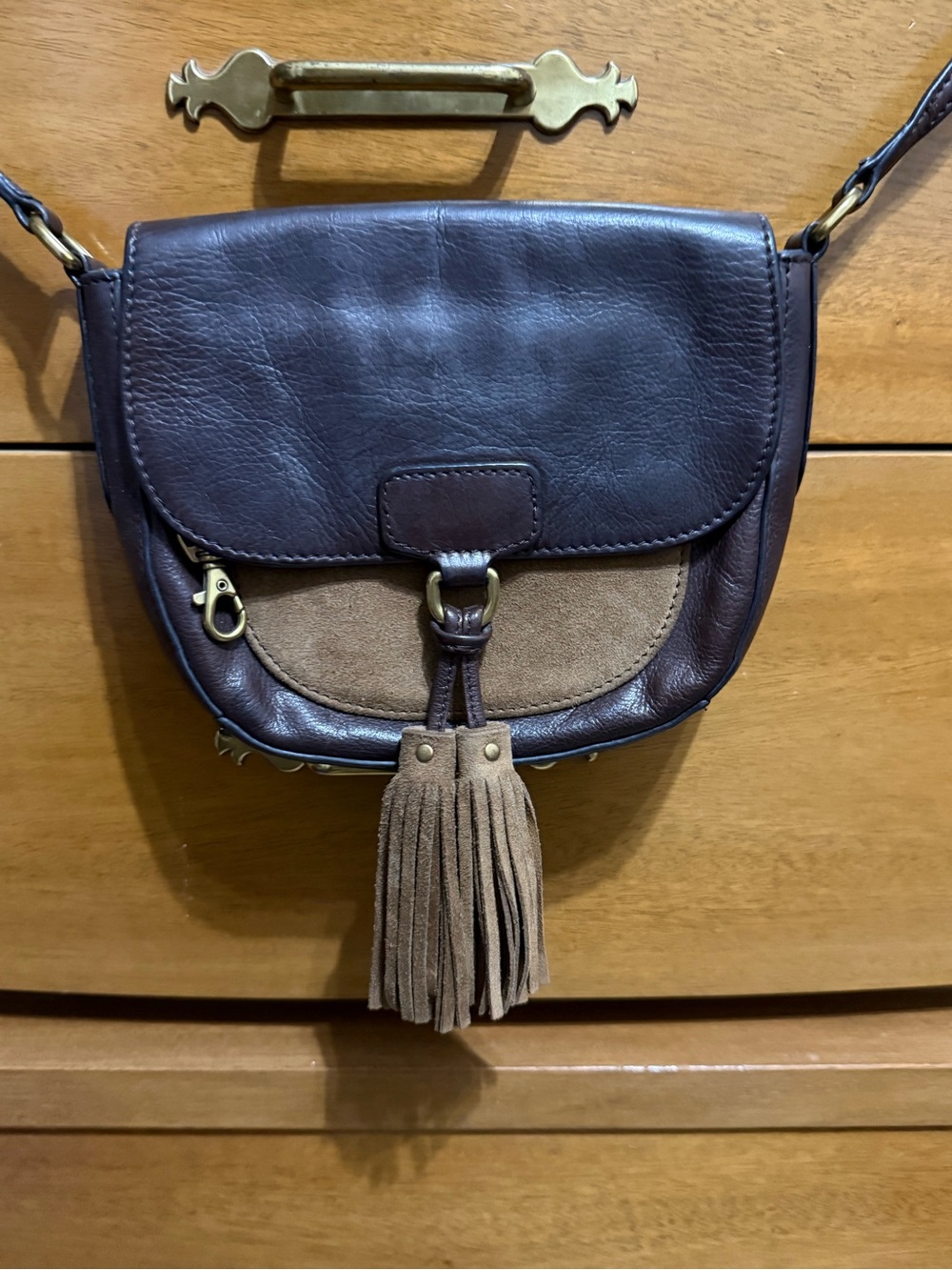 Frye Clara Two Tone Brown Leather Suede Saddle Crossbody